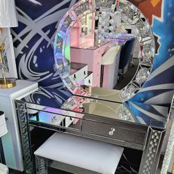 Super Deal Black Friday Glass Vanity W/ Hollywood Mirror & Stool $689 