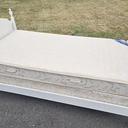 White Twin Bed Frame + Twin Mattress And Box Spring
