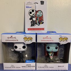 New Hallmark Nightmare Before Christmas Funko Pop Jack Skellington and Sally and metal ornaments