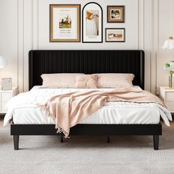 King Size Velvet Bed Frame with Vertical Channel Tufted Wingback Headboard, Upholstered Platform Bed with Wood Slats, No Box Spring Needed, Easy Assem