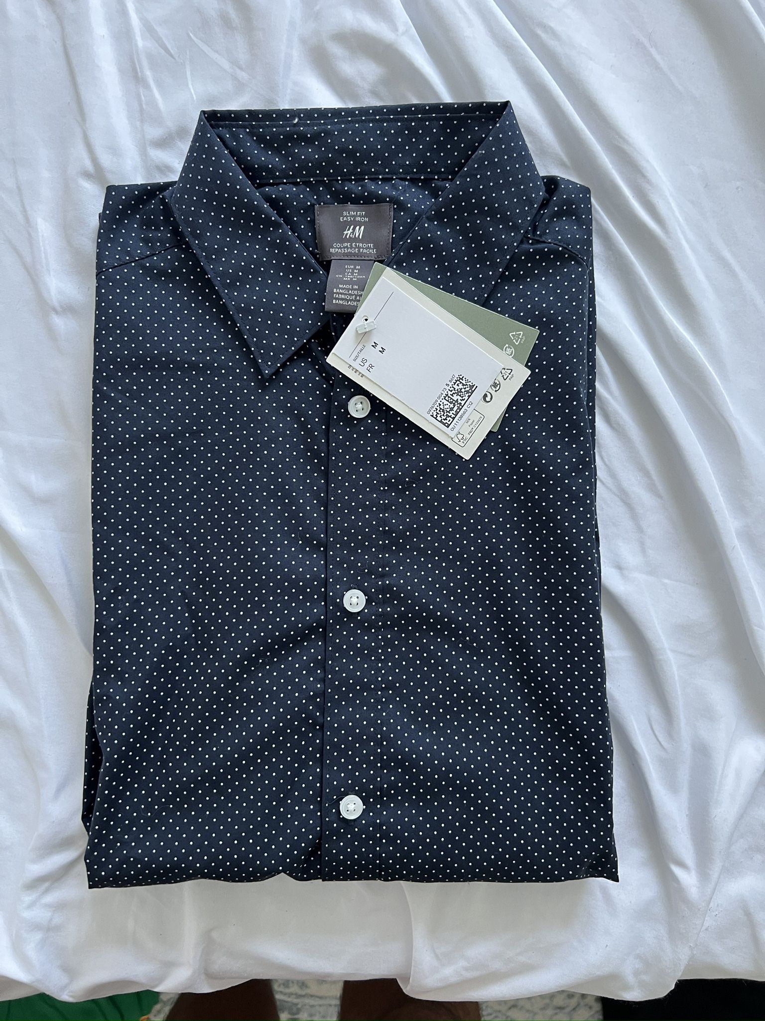 Navy Blue Polkadot Long Sleeve Shirt Size Medium 