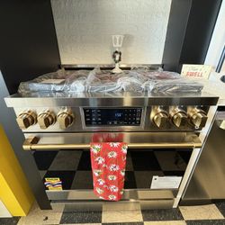 Thor Gordon Ramsay Collection 36” Gas Range In Stainless Steel With Gold Handle And Knobs