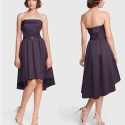 $160 Designer, Strapless Satin High – Low MIDI Bridesmaid Dress Aubergine~8 NWT