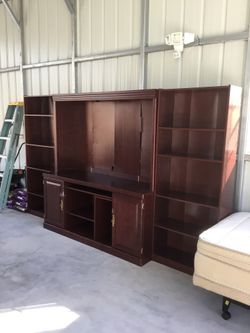 Cherry office desk, bookcases and console.