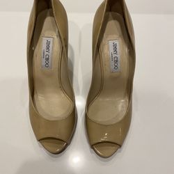 Jimmy Choo Nude Patent Leather Wedges