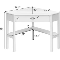 White Corner Desk with Drawer, Storage Shelves for Computer, Makeup Vanity Desk for Small Space, 90 Degrees Triangle Desk
