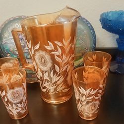 Jeanette marigold carnival pitcher and glasses