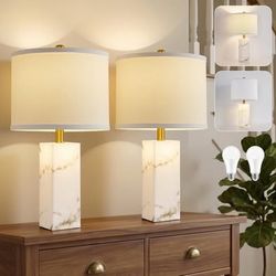 22" Table Lamps Set of 2, Ink-Wash Inspired Stone Lamps with Night Light,Fabric Shade,Rotary Switch