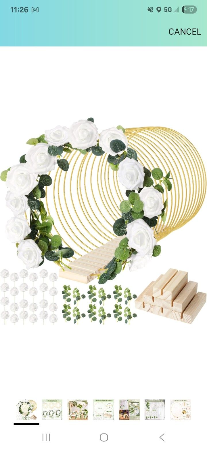 15 Pcs Metal Floral Centerpiece Table Decorations Hoop Centerpiece with Stand Gold Centerpieces for Table 15 Wooden Holders 30 Artificial Flowers 30 L