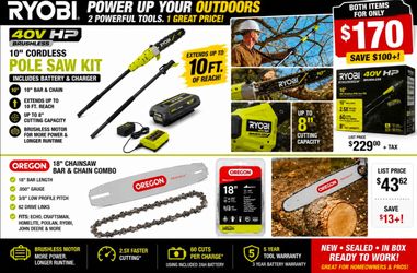 RYOBI 40V HP Pole Saw Kit + Oregon 18” Bar & Chain Combo. Ryobi 40V, Ryobi pole saw, Ryobi HP, brushless pole saw, cordless pole saw, battery pole saw