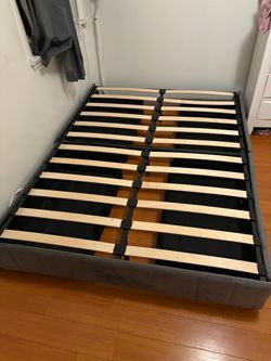 Gray Upholstered Bed Frame with Wood Slats