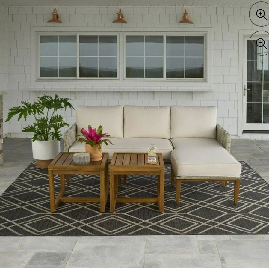 BRAND NEW...Better Homes & Gardens Davenport Sofa Lounger with Two Acacia Wood Table with Cushions - White