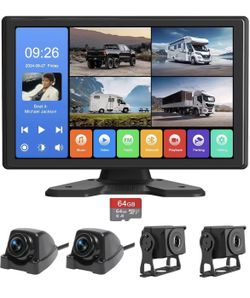 4 Channel Backup Camera System,Touchable 10.26 inch Monitor with DVR Stereo, 64GB Card, IP69 Waterproof, Nightvision 1080P Backup Camera for RV/Truck/