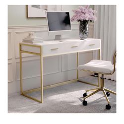 Martha Stewart Ollie Home Office Desk with 3 Drawers in White with Polished Brass Hardware