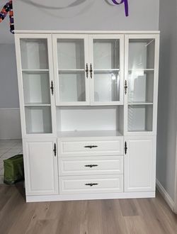White Cabinet with Glass Doors and Drawers