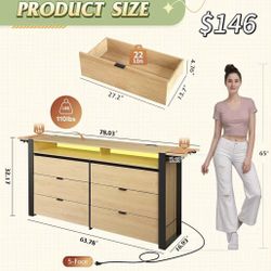 😀 78 Inch Dresser for Bedroom, Long Chest of6Drawers Expandable Wood Dresser from 5'3" to 6'5'' with Flexible Shelves and Hanging Rack, Led Dressers 