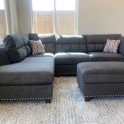 Brand New Grey Velvet Like Sectional Sofa Couch +Storage Ottoman (New In Box) 