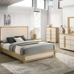 Queen Size Bed Set Includes Bed frame, One Nightstand, Dresser & Mirror 