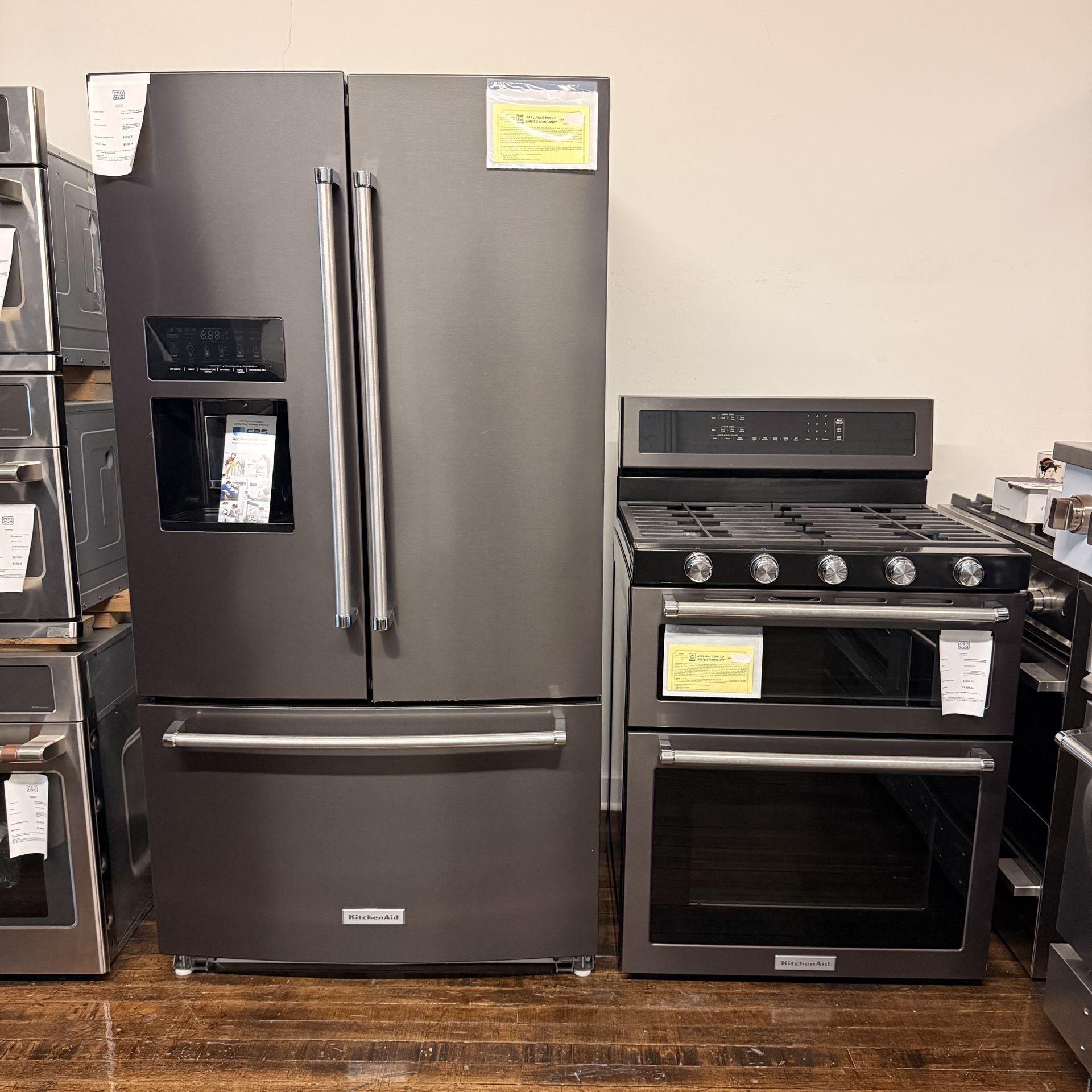 KitchenAid Commercial Set Black Stainless Steel: French Refrigerator + Commercial Double Oven