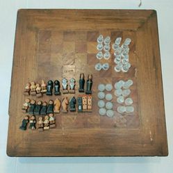 Vintage Chess Board Low Table W/Drawer & Chess Pcs 24" X 24" X 6" Taiwan **READ Has Wear**
