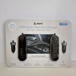 2 PACK Atomi 40W Multi-Port Car Charger 2 USB-C Ports + 4 Smart USB Ports