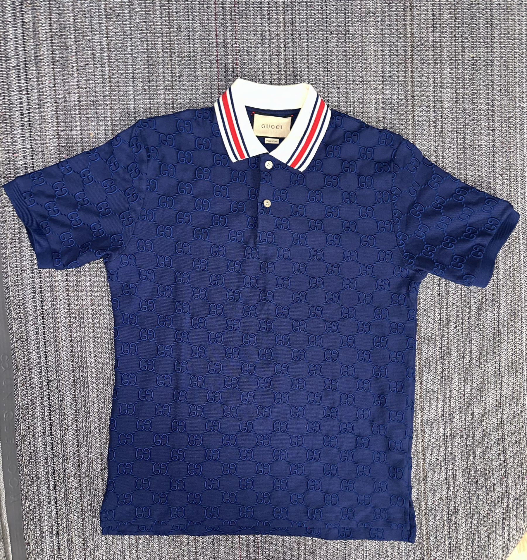Gucci Men’s Blue Cotton Polo Shirt with GG Embroidery Size M
