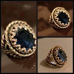 VINTAGE ORNATE BRAIDED BRASS WEST GERMANY BLUE STONE RING BOHEMIAN JEWELRY ART NOUVEAU ART DECO