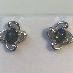 NIB Copy Natural Black Opal & Diamond Earrings, sterling silver