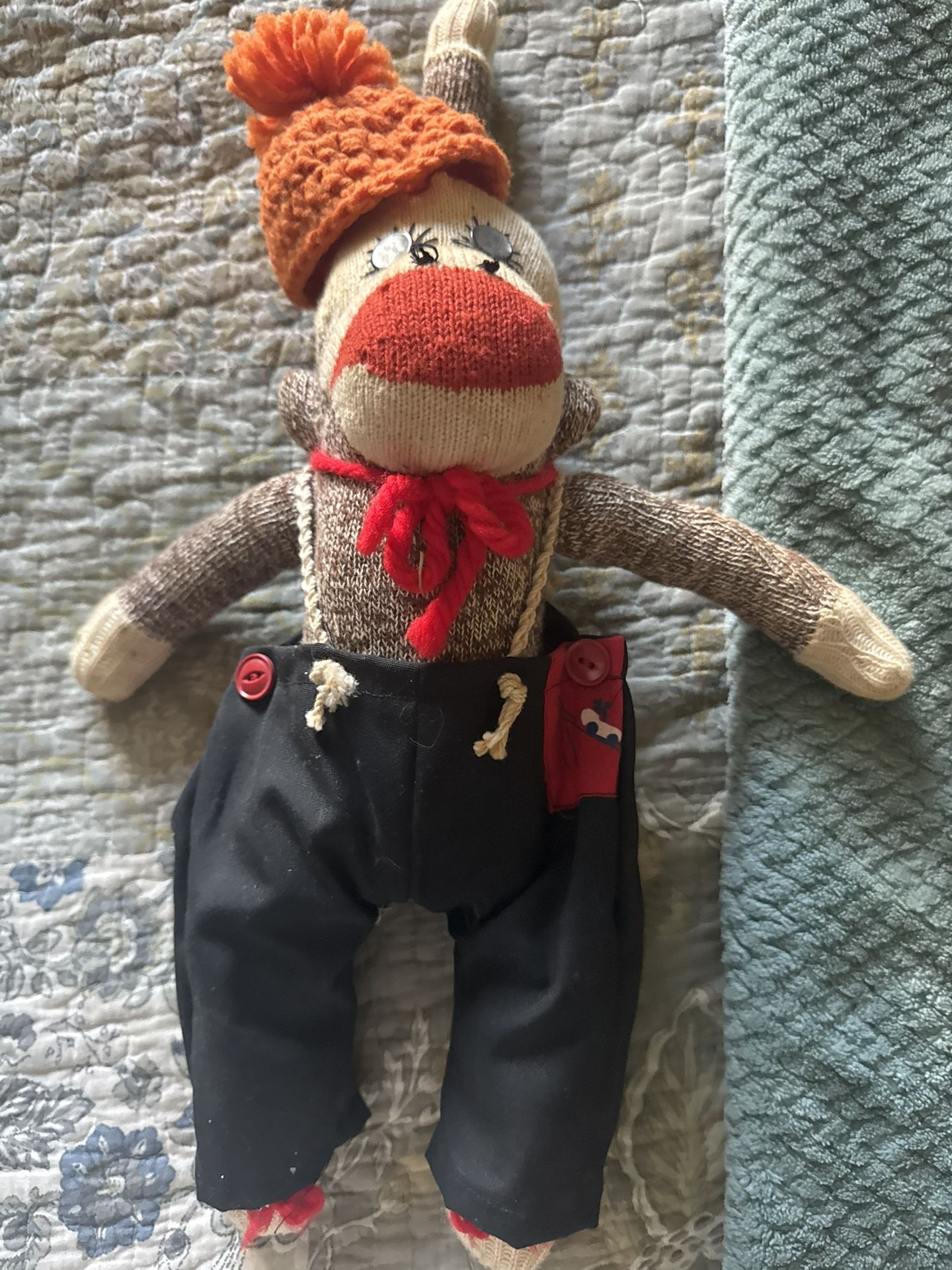 Charming Vintage 1960s Hand-Sewn Sock Monkey Plush with Custom Outfit