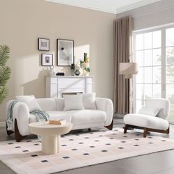 Modern Boucle Fabric Sofa Set - 1 Sofa and 1 chair with Sleek Wooden Legs for Living Room or Home Office