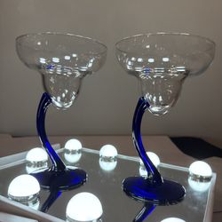 Libbey Bravura Swerve Margarita Glasses Cobalt Blue Curved Stem Clear Top Pair 2