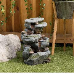 Alpine Corporation - Outdoor 3-Tier Rock Waterfall Fountain with LED Lights Natural Stone Look, 22" H (Gray) 