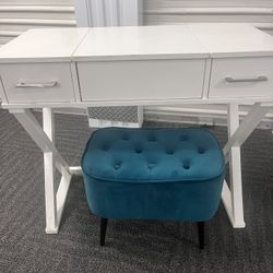 White Vanity Table with Mirror & Teal Velvet Stool – Modern Style