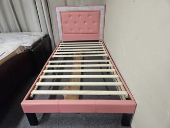 Brand new pink faux leather twin platform bedframe (84” L x 40” W x 12” H | Headboard height – 39”)