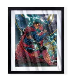 Custom art piece of Superman kissing Wonder Woman in black frame