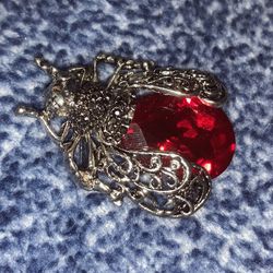 New Rhodium & Red Faceted Glass Beetle Pin