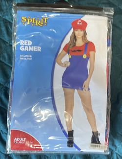 Women Red Gamer Super Mario Costume Fancy Dress Up Halloween Size12-14