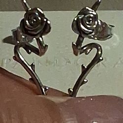 Pandora Authentic Brand New Sterling Silver Rose In Bloom Long Stem W/ Thrones Stud Earrings 