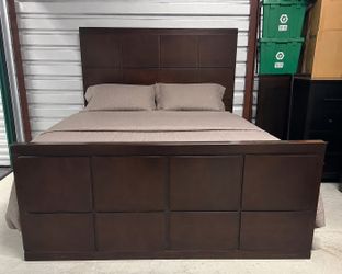 Queen Bed Frame + Matching 6-Drawer Dresser Available – Dark Wood Bedroom Set