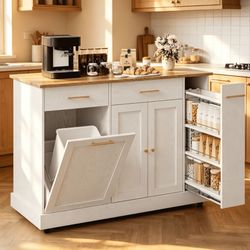 53" Kitchen Island with Storage, Rolling Kitchen Cart Island with Wheels, Tilt Out Kitchen Trash Cabinet 10 Gallon Storage, 3 Large Spice Racks and 2