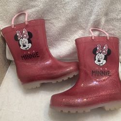 Disney Minnie Mouse size 9/10 toddler glitter rain boots, likely from a brand like Western Chief or Unbranded