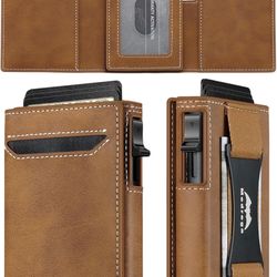 Leather Wallet for Men Slim Minimalist: Smart Pop Up Wallet with Cash Strap - RFID Front Pocket Trifold Credit Card Holder - Gift for Man Husband at A