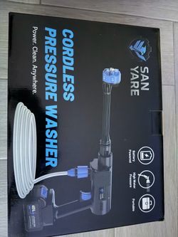 Portable cordless pressure washer with a 48V lithium-ion battery. This black and blue tool is battery-powered and capable of drawing water from source