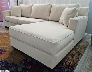Like new! 10/10 condition. Cream/beige, thick velvet "Gomen Furniture" sectional sofa—used only for staging. Excellent condition, 2 pieces, removable 