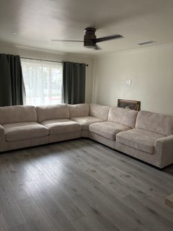 Large Beige Corduroy Sectional Sofa