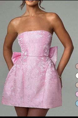 Pink Jacquard Strapless Mini Dress with Bow