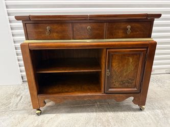 Bassett Burl Wood Drop Leaf Bar Cabinet Server Buffet Heron Door Brass Trim 42”