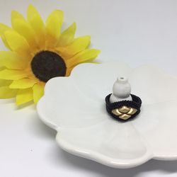 Beaded Ring With Diamond Duos And Seed Beads Black And Gold Handmade