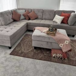 COSTCO Gray Chenille Sectional Couch And Ottoman