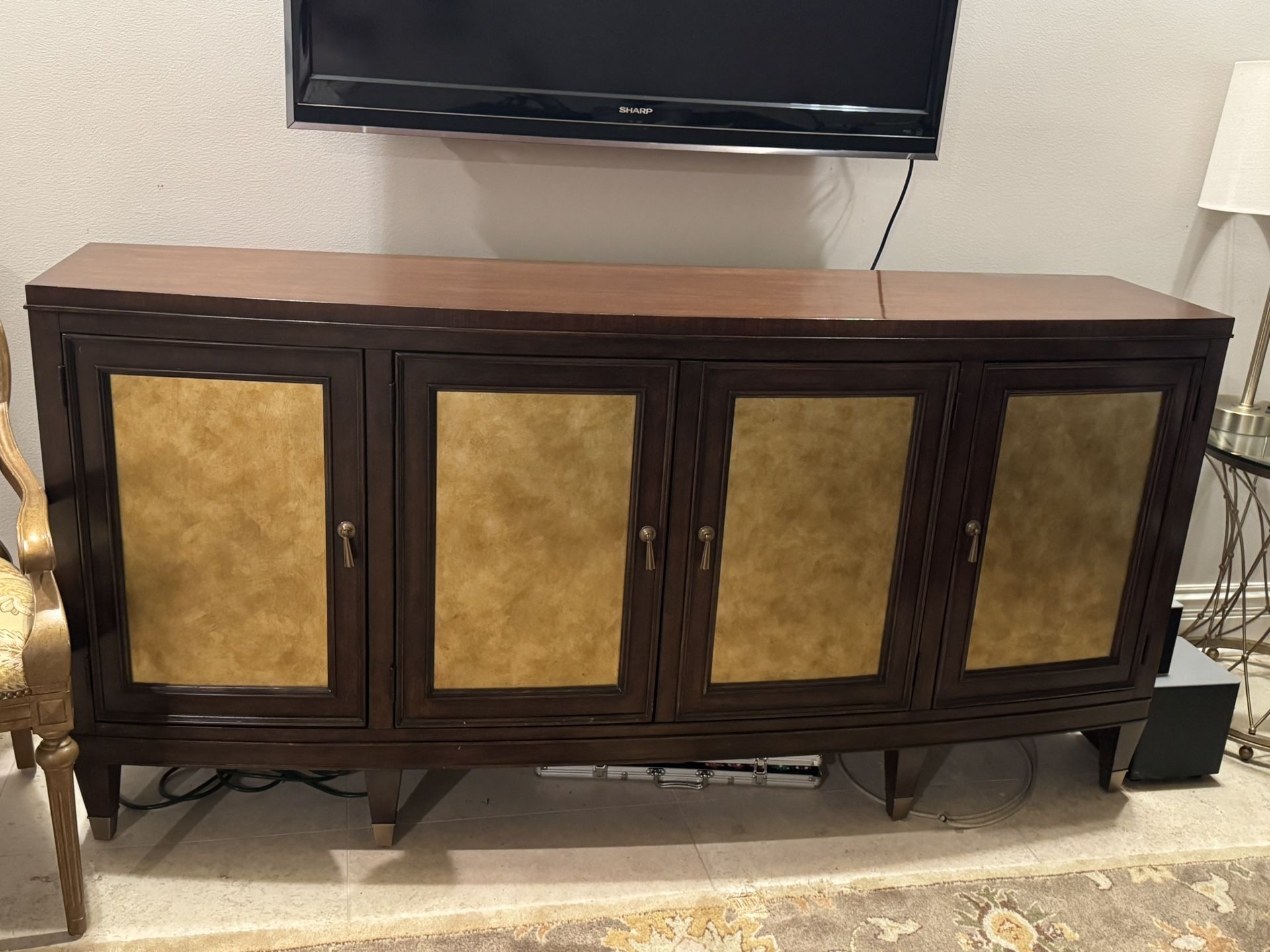 Elegant Dark Wood And Gold Sideboard/Media Console For Sale